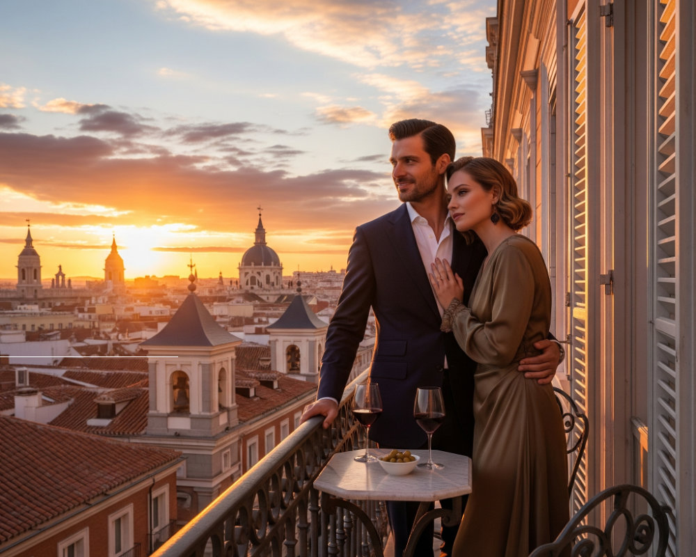 Descubre cómo es vivir en Madrid con elegancia: una pareja brinda en un balcón de lujo al atardecer, con vistas impresionantes de la ciudad. Encuentra tu hogar ideal y el estilo de vida que sueñas en la capital.