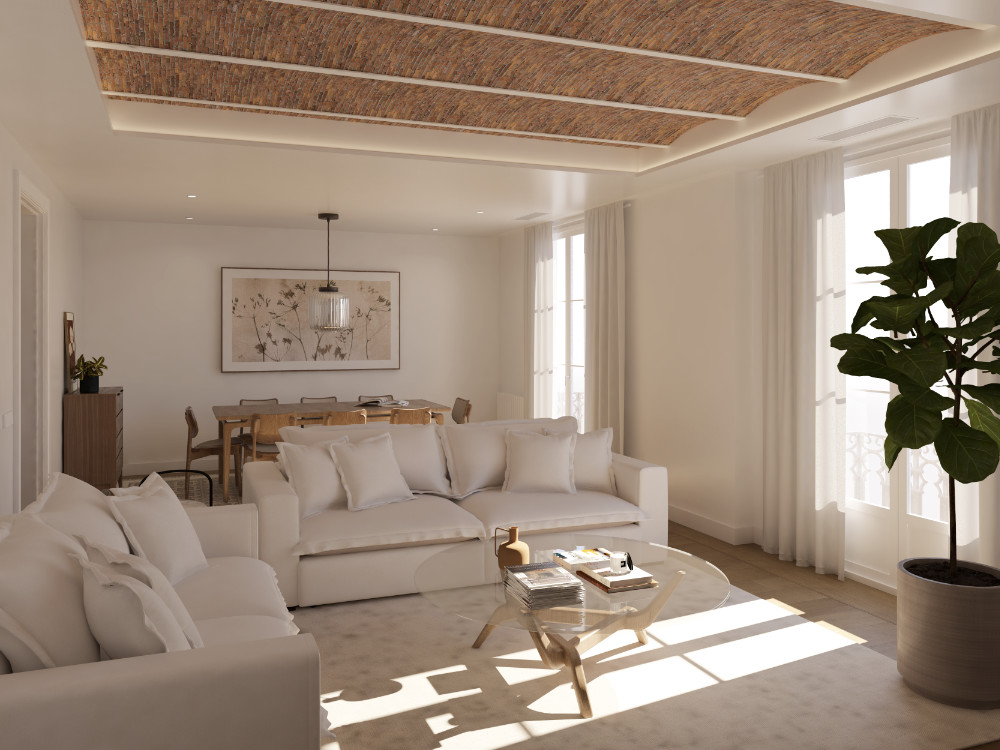 Salón luminoso con techos restaurados y diseño contemporáneo, resultado de un proyecto de flipping boutique de neodomos.