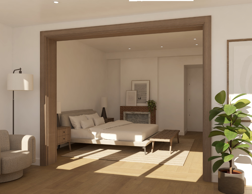 Diseño interior de dormitorio luminoso y moderno en una de las Signature Homes de neodomos.