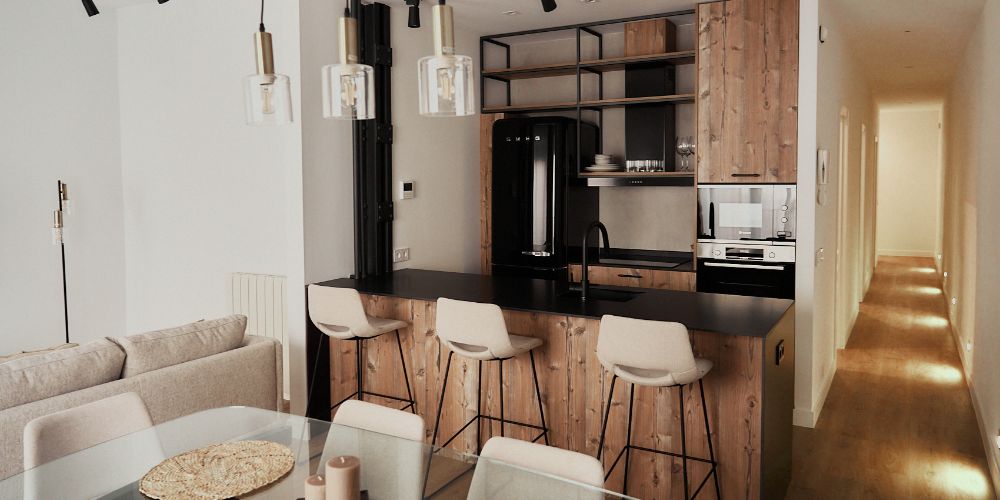 Cocina de diseño moderno con isla y detalles industriales, una muestra del estilo de vida Signature Living de neodomos.