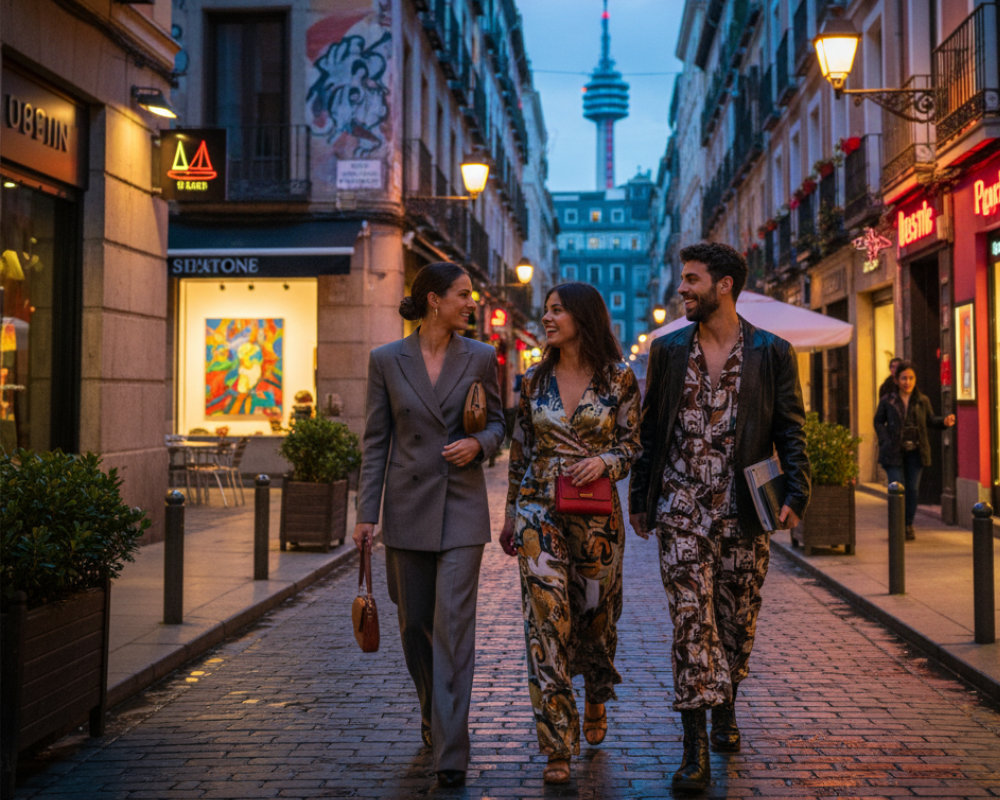 Un grupo de amigos modernos disfruta de la vibrante vida nocturna y el diseño en las calles de Justicia y Chueca. Descubre el estilo de vida cosmopolita y vanguardista de estos barrios únicos para Vivir en Madrid, donde la cultura y la creatividad se encuentran.