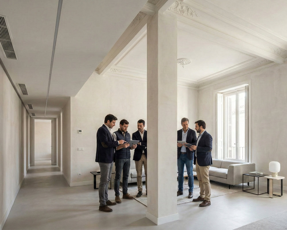 Descubre el rigor del asset transformation de neodomos: nuestro equipo experto analiza cada espacio para elevar el potencial de viviendas históricas en Madrid mediante un diseño geométrico y técnico excepcional.