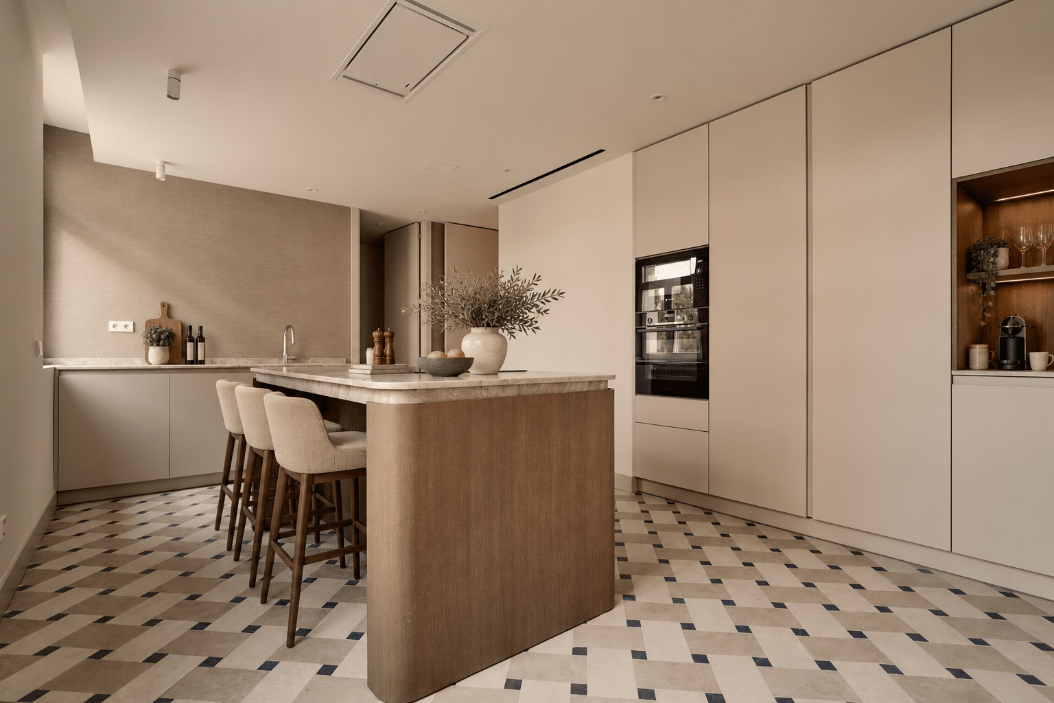 Cocina minimalista con isla y olivo