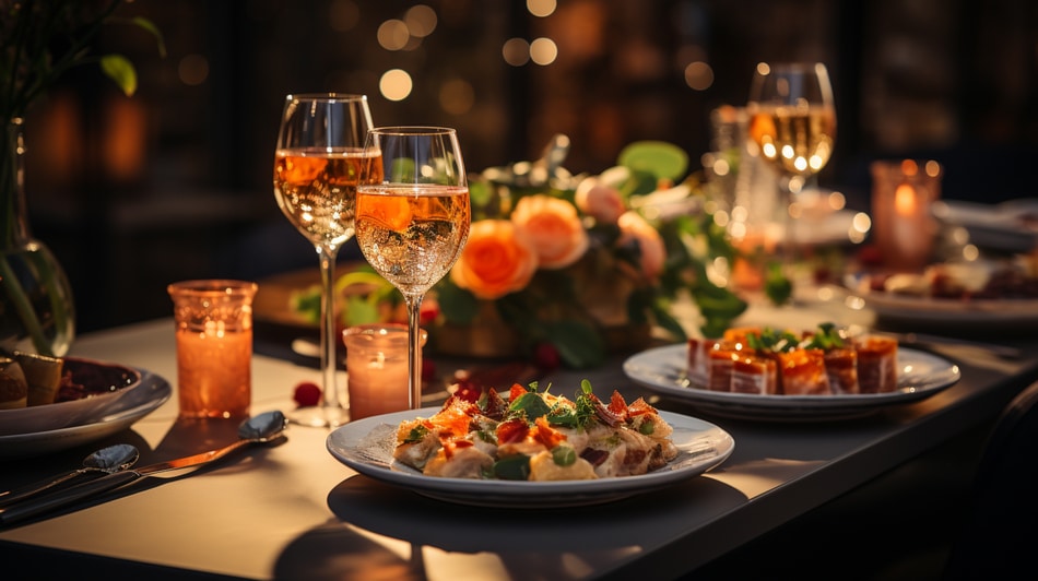 Mesa decorada para una cena con centro de mesa y velas