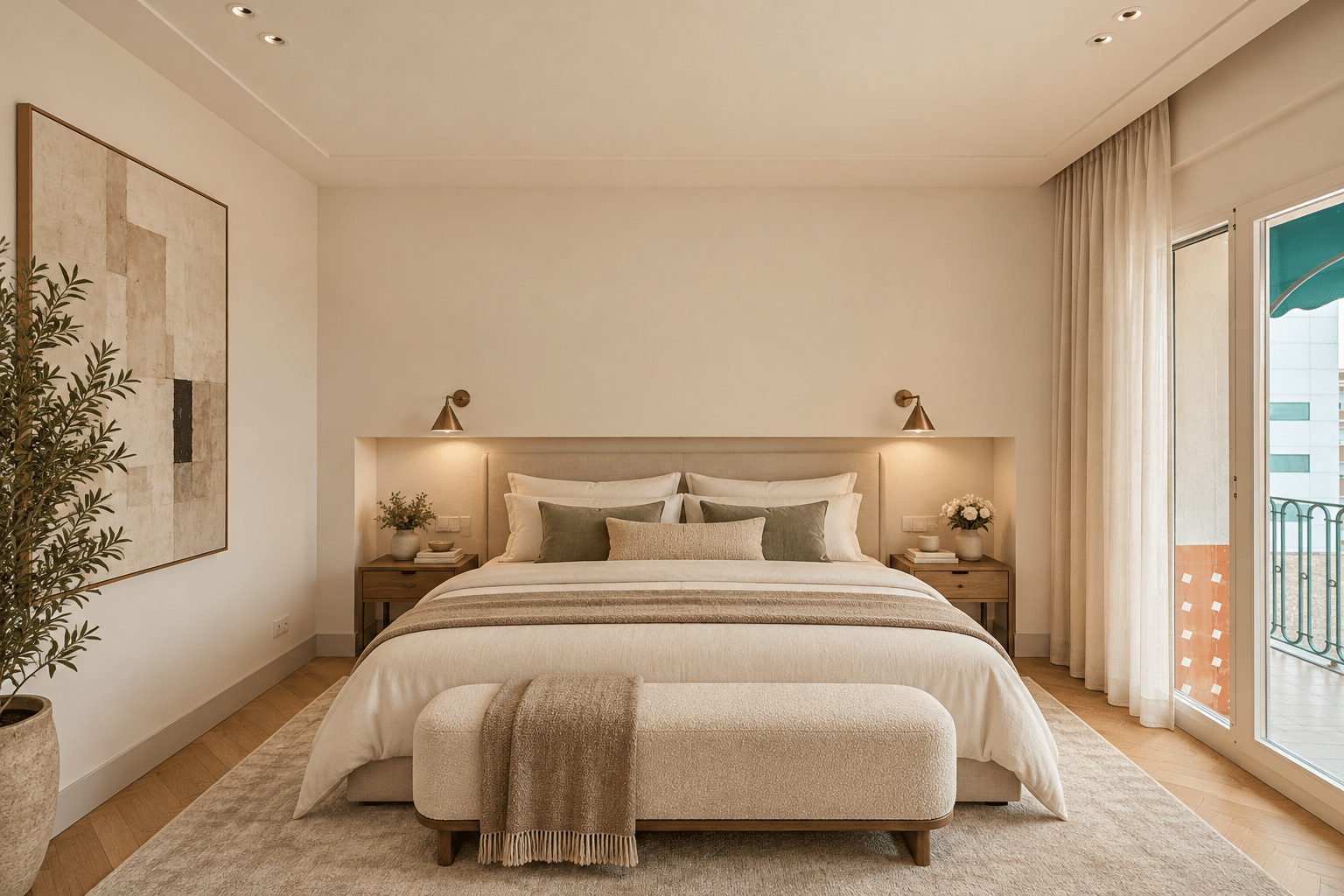 Dormitorio minimalista con luz cálida