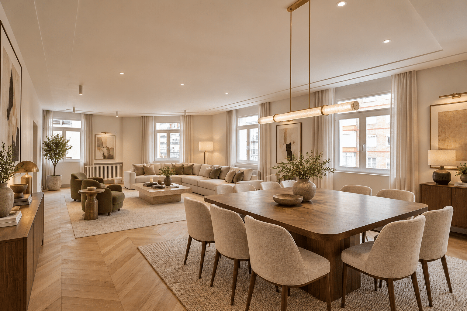Salón comedor moderno en tonos cálidos