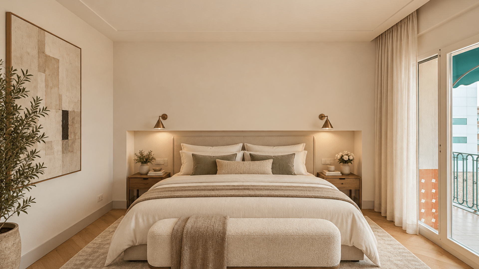 Dormitorio minimalista con luz cálida