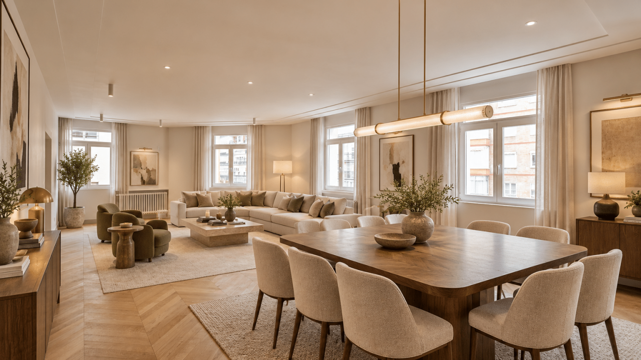 Salón comedor moderno en tonos cálidos